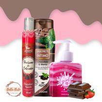 Kit banho sensação c/ sabonete intimo e perfume de calcinha chocolate e gel beijavel morango phallebeauty