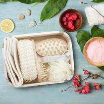 Kit Banho SPA 7 Peças Esponja Escova Buchas Caixa de Madeira Esfoliação Massagem Relaxamento