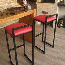 Kit Banqueta Alta Ideal para Cozinha Balcão Bar Area Gourmet Aço C/ Encosto Cadeira Banco Alto Estrutra Preta Cor:Vermel