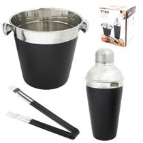 Kit Bar Balde Gelo Redondo 900ml + Coqueteleira 500ml E Pegador Black De Inox