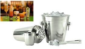 Kit Bar com Coqueteleira + Shakeira + Balde de Gelo + Pegador em Inox