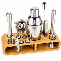 Kit Bar Coqueteleira Inox 12 Peças 550ml com Suporte de Bambu Profissional para Drinks Caipirinha Cocktails Barman Aço Inox 304 Premium