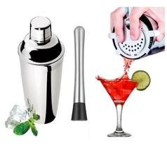 Kit Bar Coqueteleira Inox 500ml + Socador Inox+ Coador Drink Reforçada - CLINK