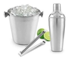 Kit Bar Inox 3 Peças Coqueteleira 550ml Balde Pegador Drink