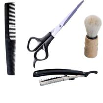 Kit Barba 4 Peças Tesoura Pente Navalhete Pincel Profissional C02 Kit Barba 4 Peças Tesoura Pente Navalhete Pincel Profissional C02