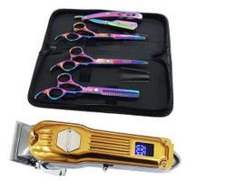 Kit Barbeiro 3 Tesouras Máquina Corte 9W Profissional Km-211