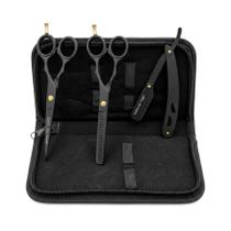 Kit Barbeiro Black 6.0 Aço Inox 1 Tesoura Corte Fio navalha, 1 Tesoura Desbaste, 1 Navalhete Inox e Estojo Kit Barbeiro Black 6.0 Aço Inox 1 Tesoura Corte Fio navalha, 1 Tesoura Desbaste, 1 Navalhete Inox e Estojo