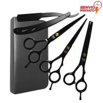 Kit Barbeiro Cabeleireiro Pente Navalhete Tesouras Aço Inox Cor Preto Kit Barbeiro Cabeleireiro Pente Navalhete Tesouras Aço Inox Cor Preto