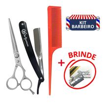 Kit Barbeiro Profissonal Tesoura Inox 6 Polegadas Navalhete Sq3290 Pente Brinde Lamina Wilkinson