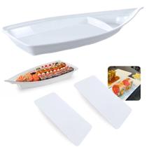 Kit Barca 58 Cm + 2 Pratos Retos para Sushi Buffet Comida Japonesa em Melamina Branca Bestfer