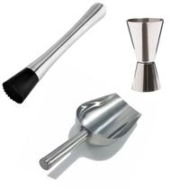 Kit Barman Inox Dosador Duplo, Pá Gelo, Macerador Coquetéis