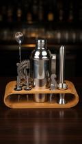 Kit Bartender 12 Peças Aço Inox com Suporte Bambu