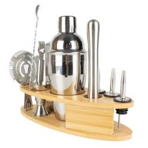 Kit Bartender Homebar 11 Peças em Inox Suporte de Bambu Preparo de Bebidas e Drinks LMTJ-3 - MarcaGenérica