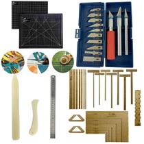 Kit Base de Corte 60x45 Gabarito Encadernação Cartonagem Esquadros Estilete de Precisão Régua 60cm Dobradeira Vincador