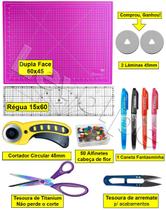 Kit Base De Corte Rosa 60x45 + Regua 15x60 + Cortador 45mm + Tesouras