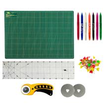 Kit Base de Corte Tecidos Papel Para Patchwork Artesanato A3 45x30 Regua 15x30 Cortador 45mm + 2 Discos 1 cx. de Alfinete 1 Caneta Magica Fantasminha