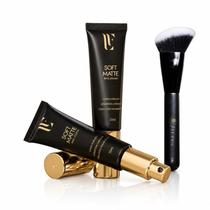 Kit Base Líquida LF Pro 10 Cores + Pincel Para Base F01 Profissional Original Alta Cobertura Acabamento Natural COR:KIT