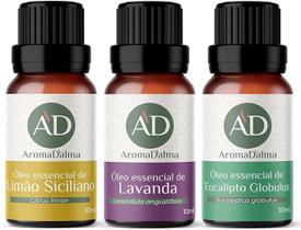 KIT BÁSICO DE AROMATERAPIA - 3 Óleos Essenciais 100% Puros. Lavanda, Limão e Eucalipto - Aroma Dalma