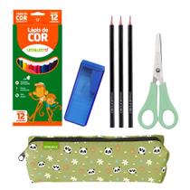 Kit Basico Escolar Lapis 12 Cores + Estojo + Tesoura + Apontador - Leo e leo Kit Basico Escolar Lapis 12 Cores + Estojo + Tesoura + Apontador - Leo e leo