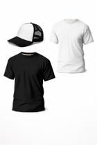 Kit Basico Masculino Passeio Camiseta de Algodão Basica e Boné Trucker Preto e Branco Kit Basico Masculino Passeio Camiseta de Algodão Basica e Boné Trucker Preto e Branco