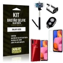 Kit Bastão de Selfie Bluetooth Galaxy A20S Bastão +Capinha Anti Impacto +Película Vidro - Armyshield