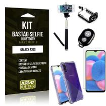 Kit Bastão de Selfie Bluetooth Galaxy A30S Bastão +Capinha Anti Impacto +Película Vidro - Armyshield