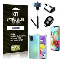 Kit Bastão de Selfie Bluetooth Galaxy A51 Bastão + Capinha Anti Impacto +Película Vidro - Armyshield