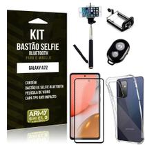 Kit Bastão de Selfie Bluetooth Galaxy A72 +Capinha Anti Impacto +Película Vidro 3D - Armyshield