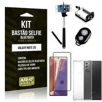 Kit Bastão de Selfie Bluetooth Galaxy Note 20 +Capinha Anti Impacto +Película Vidro 3D - Armyshield