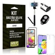 Kit Bastão de Selfie Bluetooth LG K52 +Capinha Anti Impacto +Película Vidro 3D - Armyshield