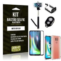 Kit Bastão de Selfie Bluetooth Moto G9 Play + Capinha Anti Impacto +Película Vidro 3D - Armyshield