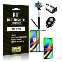 Kit Bastão de Selfie Bluetooth Moto G9 Plus + Capinha Anti Impacto +Película Vidro 3D - Armyshield