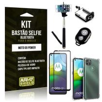 Kit Bastão de Selfie Bluetooth Moto G9 Power +Capinha Anti Impacto +Película Vidro 3D - Armyshield
