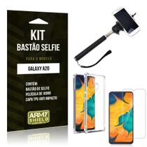 Kit Bastão de Selfie Galaxy A20 Bastão + Capinha Anti Impacto + Película de Vidro - Armyshield