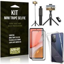 Kit Bastão Selfie Bluetooth com Tripe para Galaxy A72 6,7" + Capa + Película 3D - Armyshield