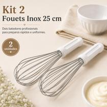 Kit Batedor Fouet Inox Profissional 25cm Branco Fue Creme Clara 02 peças Kit Batedor Fouet Inox Profissional 25cm Branco Fue Creme Clara 02 peças