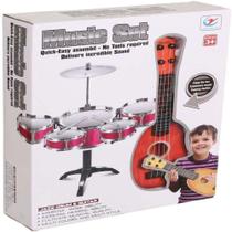 Kit bateria 2 em 1 completo instrumento musical infantil com ukulele violao guitarra - MAKEDA