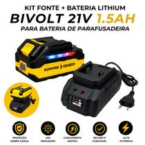 Kit Bateria Lithium 21V 1.5Ah Carregador Bivolt 21V Para Furadeira e Parafusadeira Sem Fio Profissional Alta Potência