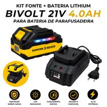Kit Bateria Lithium 21V 4.0Ah Carregador Bivolt 21V Para Furadeira e Parafusadeira Sem Fio Profissional Alta Potência