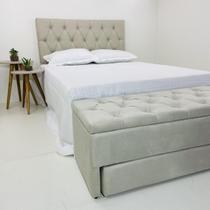 Kit Baú e Cabeceira Estofada Casal Capitonê 140x60cm Bege Claro - Tecido Veludo Suede Liso