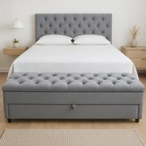 Kit Baú Gaveta e Cabeceira Capitonê Estofada Queen 160x60cm Cor Cinza - Veludo Suede Liso