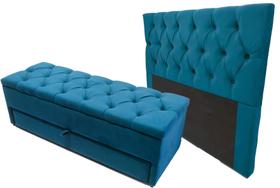 Kit Baú Gaveta Modelo Sapateira e Cabeceira Até o Chão Na Cor Azul Turquesa 140x117cm Capitonê