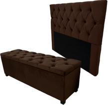 Kit Baú New 140x40x45cm e Cabeceira Estofada 140x117cm de Altura Modelo Capitonê Cor Marrom Escuro