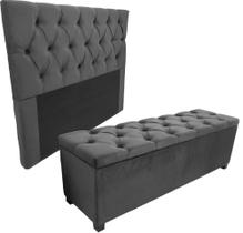 Kit Baú New 140x40x45cm e Cabeceira Estofada Modelo Até o Chão com 140x117cm Na Cor Cinza Escuro