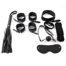 Kit bdsm 8 peças bondage sado mordaça algema chicote coleira