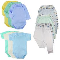 Kit Bebê 12 Pças Body Curto e Longo e Mijão Liso e Estampado Kit Bebê 12 Pças Body Curto e Longo e Mijão Liso e Estampado