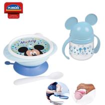 Kit Bebe 3 Peças Mickey Mause Verde Claro Prato Com Tampa e Ventosa 240ml Colher Caneca Com Alça e canudo 350ml Plasutil