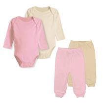 Kit Bebê 4 Pç Body Longo Liso ou Estampado e Mijão Unissex