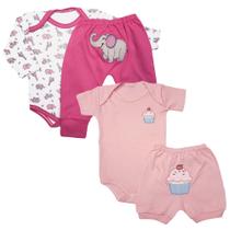 Kit Bebê 4 Peças Conjuntos Body Short e Mijão Bumbum Bordado