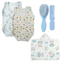 Kit Bebê 5 Pçs Body Regata Toalha Capuz e Kit Pente e Escova